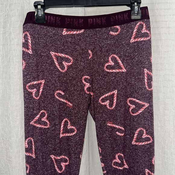 PINK S Burgundy White Red Candy Cane Hearts Print Fine Knit Jogger PJ Bottom - Picture 3 of 7